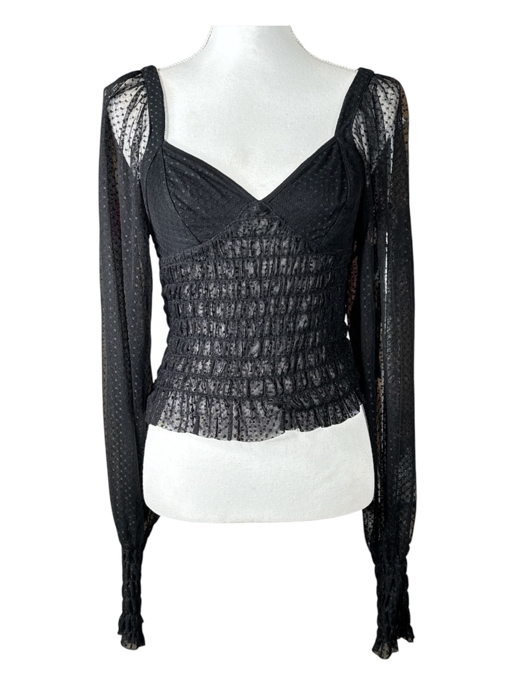 SKYLAR + MADISON Black Sheer Long Sleeve Smocked Bustier Top